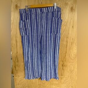Costal Comfort XL Pants Wide Leg Linen Blend Blue Stripe Pull On Drawstring